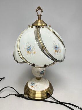 Vintage 1980s Floral 3-Way Touch Lamp | Brass & Floral Glass | 15.5”